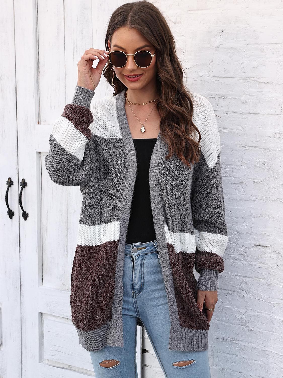 Color Block Open Front Cardigan.