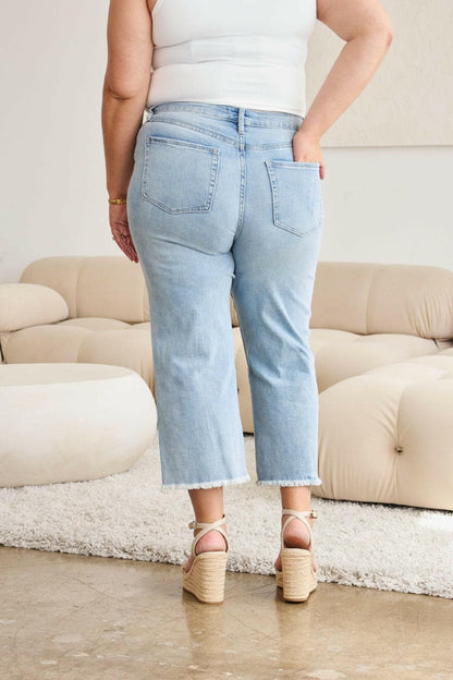 RFM Full Size Tummy Control High Waist Raw Hem Distressed Jeans.