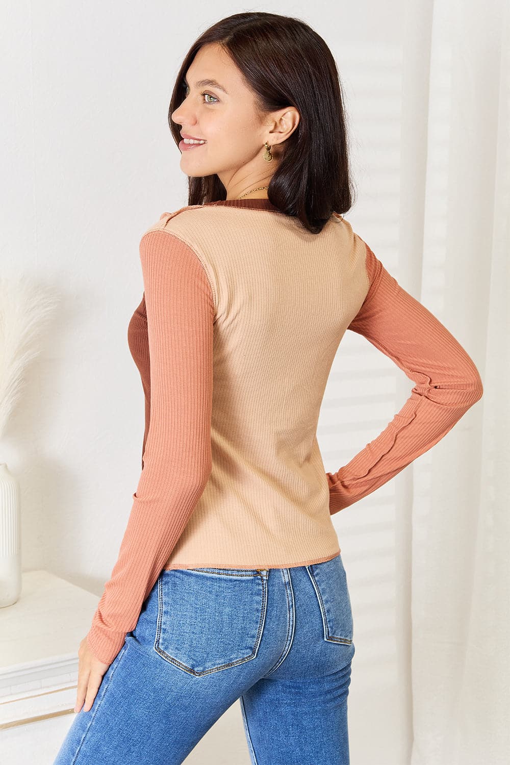 Double Take Color Block Exposed Seam Long Sleeve Top.