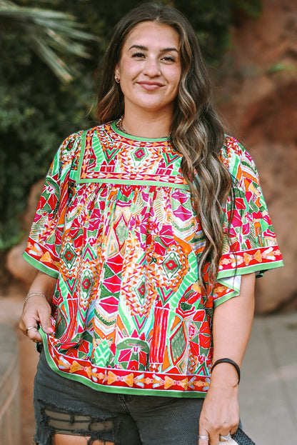 Chic green printed plus size blouse with wide sleeves