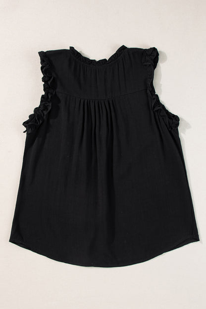 Chic black ruffled neck tank top with button detail