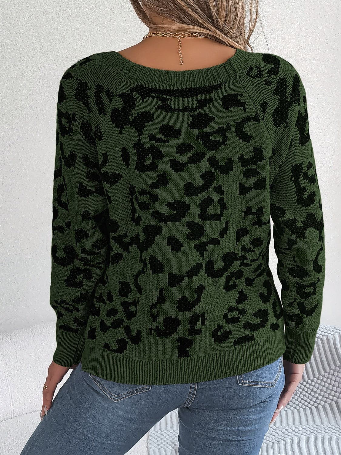 Leopard Buttoned Square Neck Sweater.