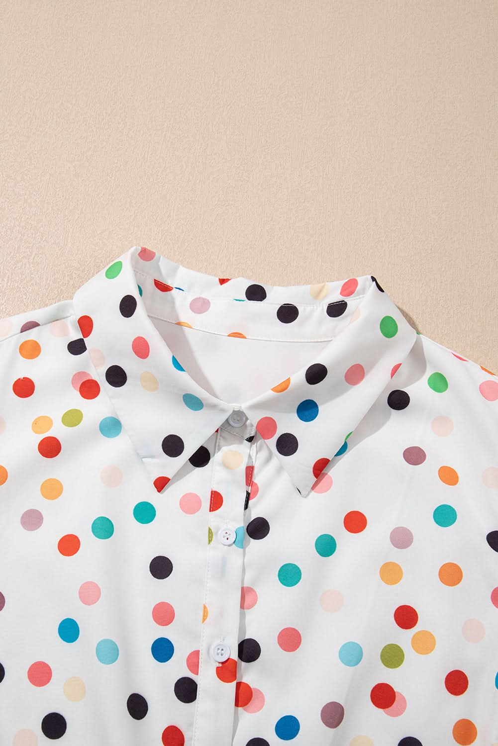 White Polka Dot Bubble Sleeve Plus Size Shirt Dress with Button Front Closure