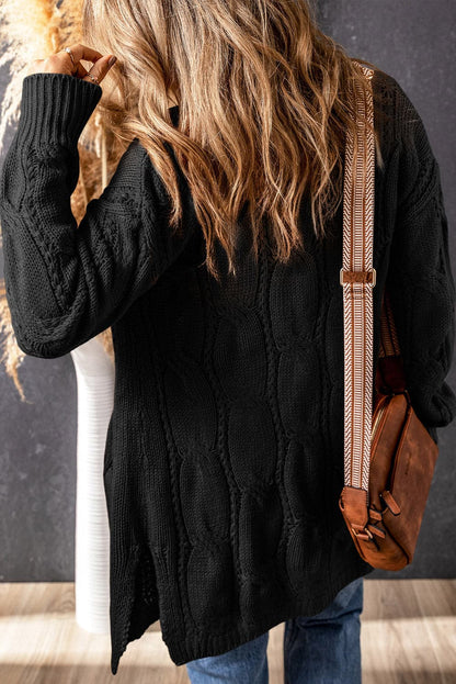 Cable-Knit Dropped Shoulder Slit Cardigan.