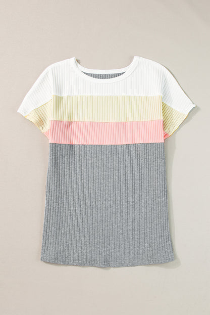 Chic gray ribbed color block tee with stylish patchwork design