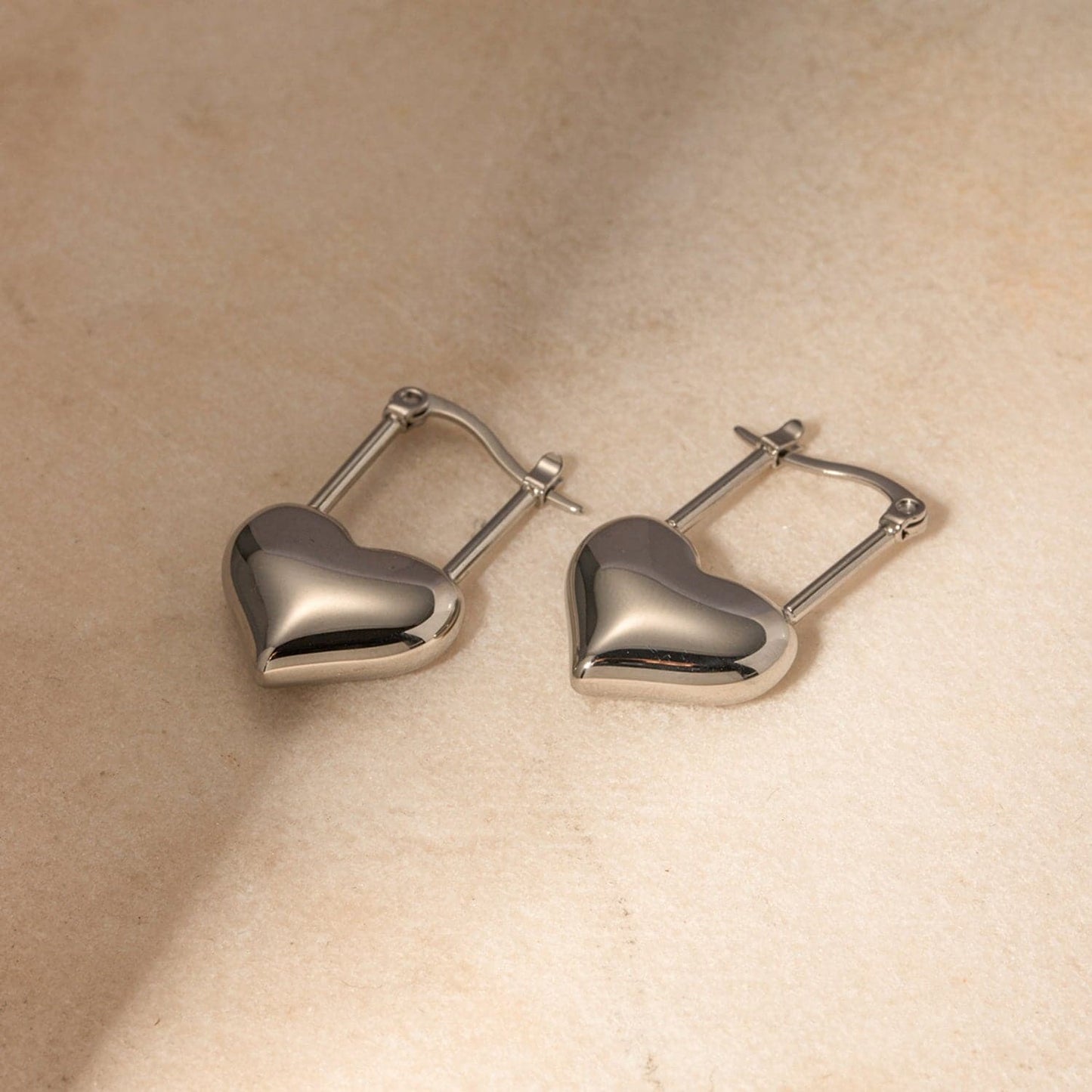 Stainless Steel Heart Lock Drop Earrings.