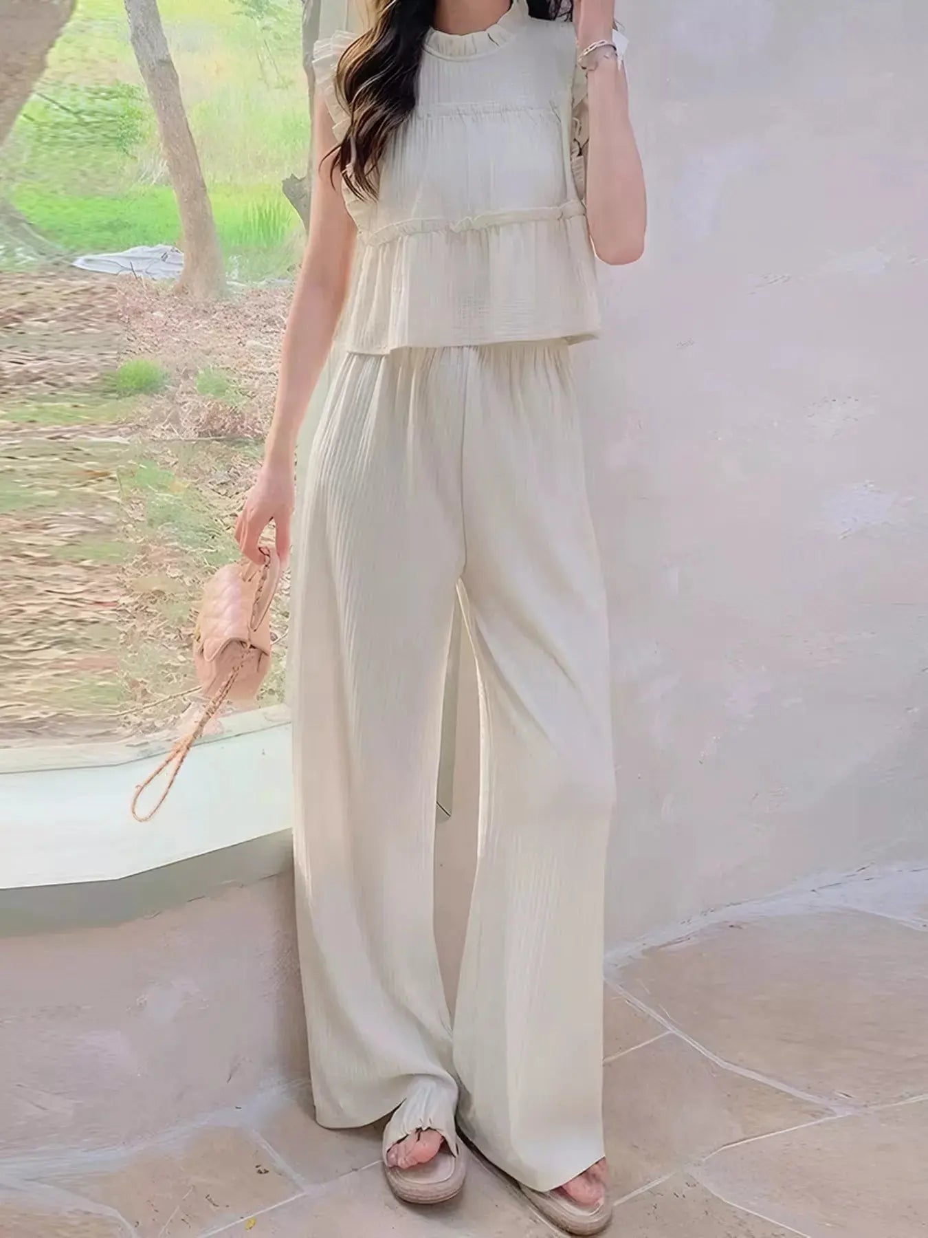 Ruffled Sleeveless Top and Wide Leg Pants Set Simply Love