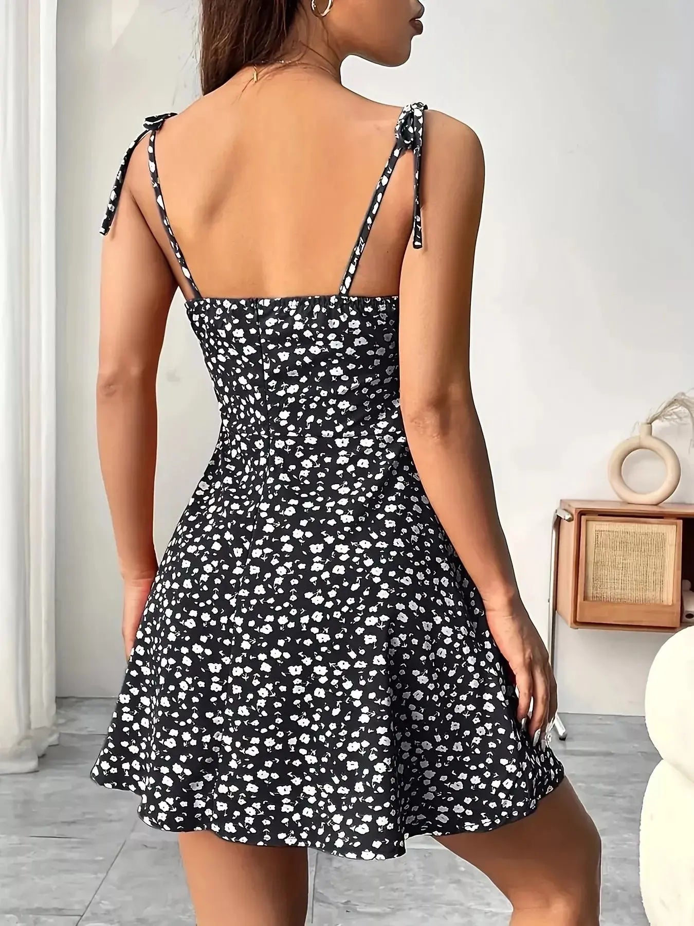 Floral Print Tie Strap Mini Dress Simply Love