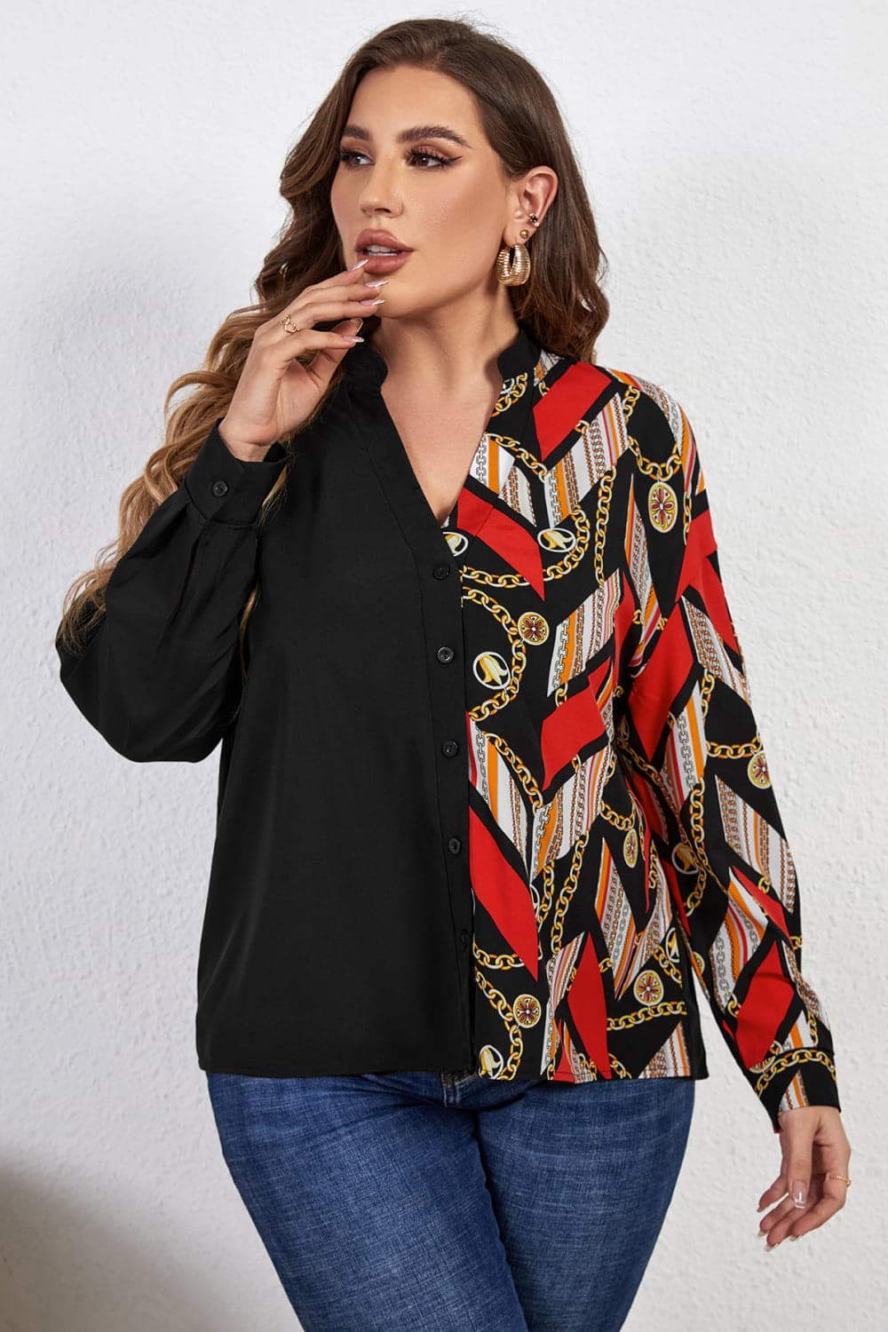 Melo Apparel Plus Size Contrast Color Notched Neck Shirt.