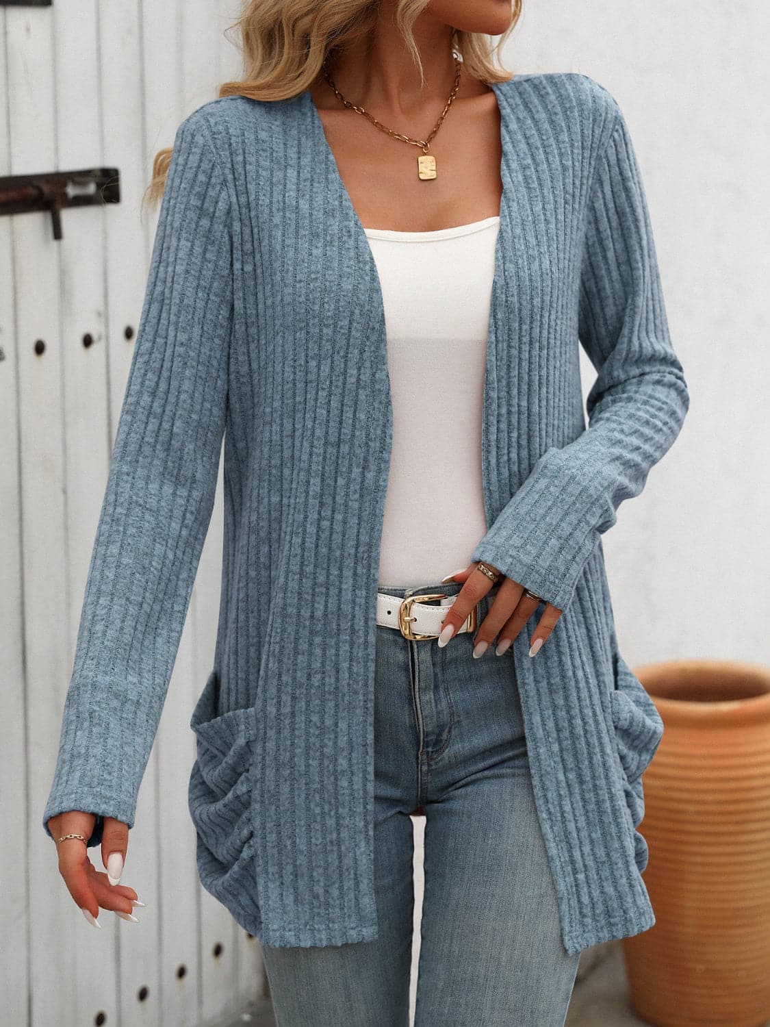 Open Front Long Sleeve Ribbed Cardigan.