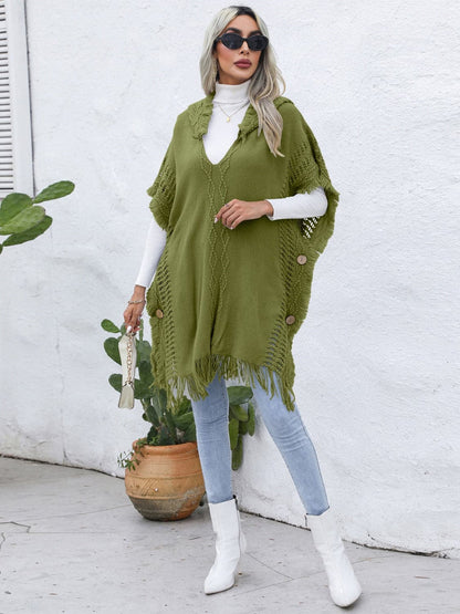 Fringe Trim Buttoned Hooded Poncho.