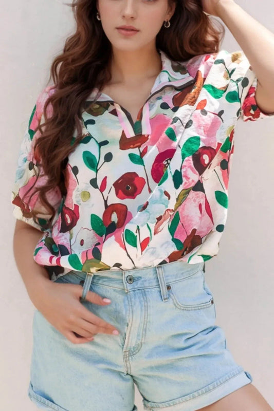 Floral Print Short Sleeve Blouse Simply Love