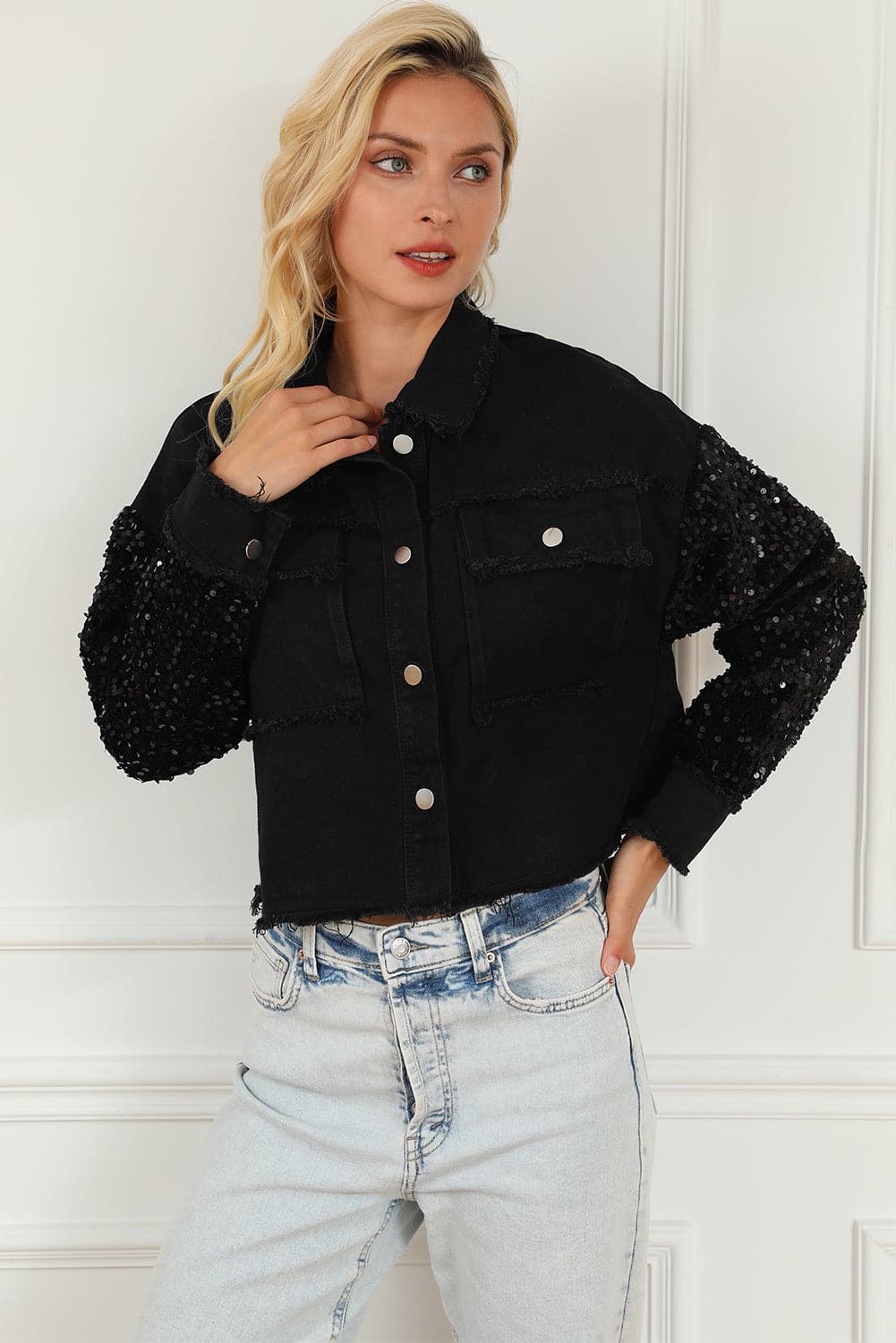 Sequin Button Up Raw Hem Denim Jacket.