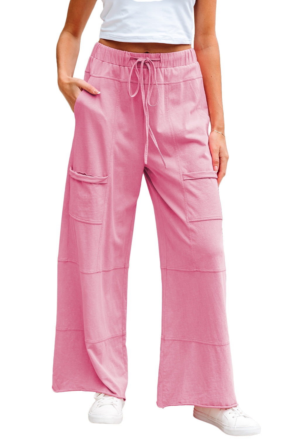 Bonbon Mineral Wash Exposed Seam Drawstring High Waist Cargo Pants