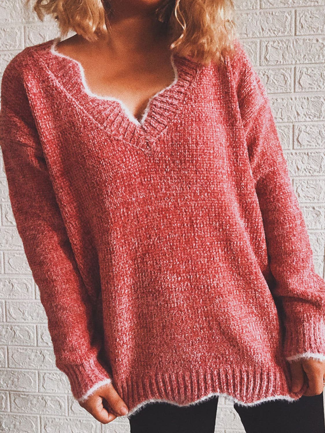 Notched Dropped Shoulder Long Sleeve Sweater.