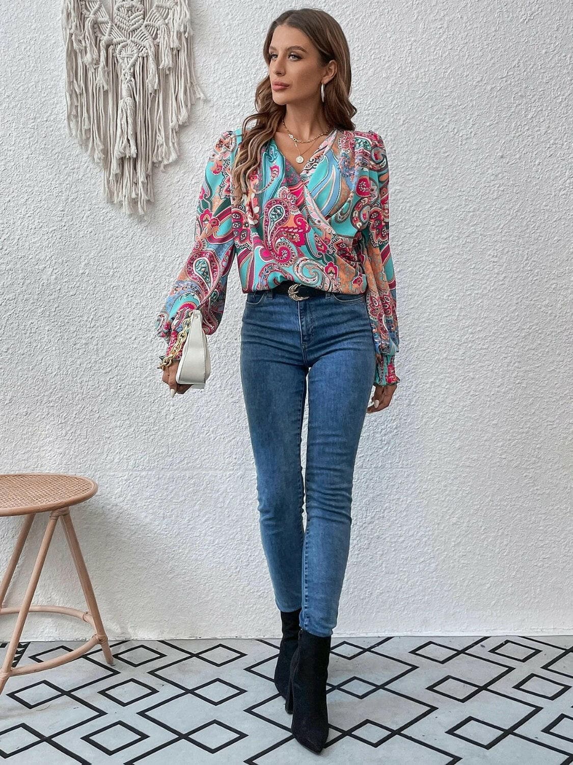 Printed Surplice Smocked Lantern Sleeve Blouse.