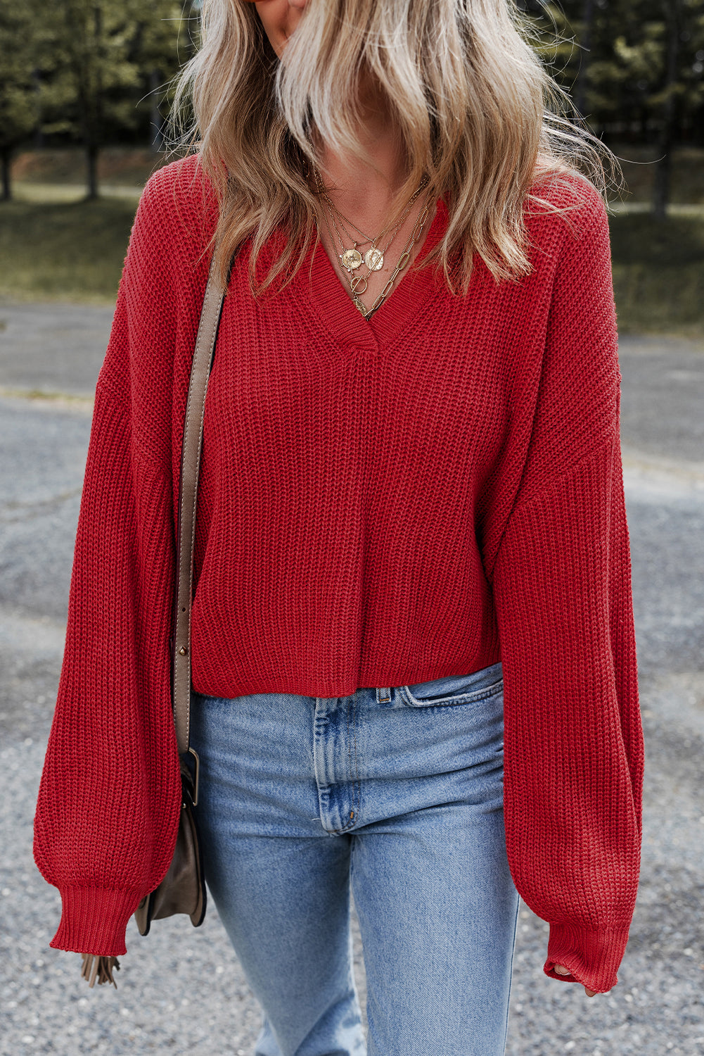 Premium Racing Red Solid Textured Knit V Neck Drop Shoulder Sweater Dear-Lover Dropshipping