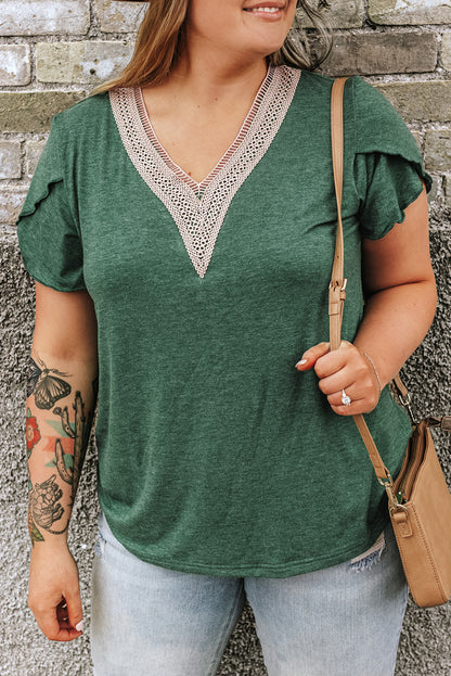 Chic blackish green plus size embroidered V-neck blouse with draped sleeves