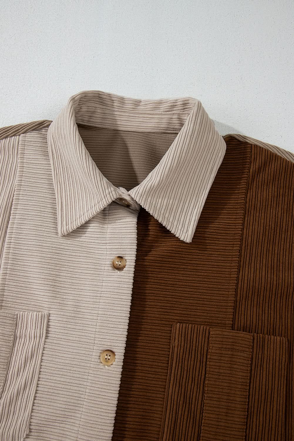 Brown Color Block Chest Pockets Buttoned Corduroy Shacket - Love Salve 