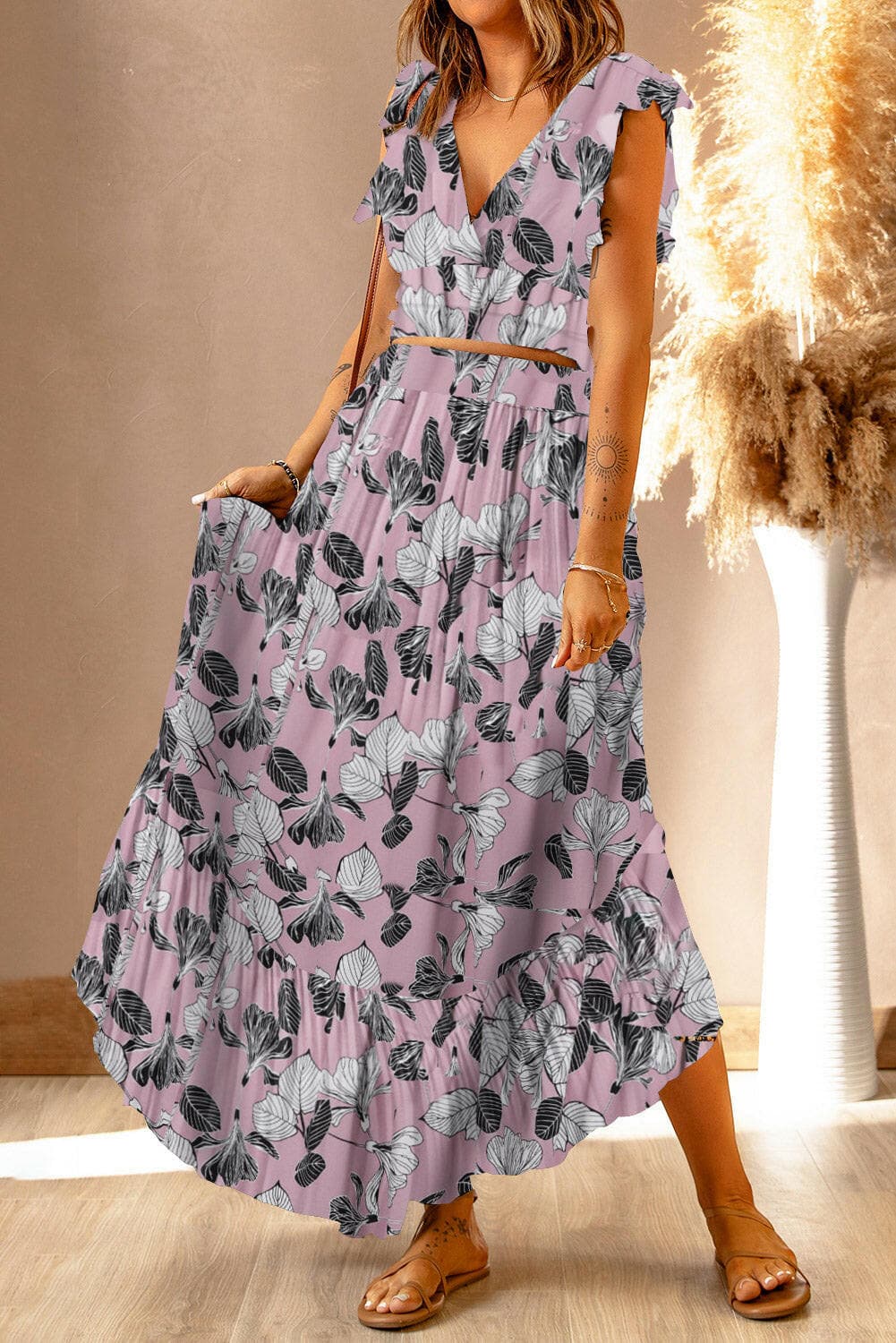 Printed Tie Back Cropped Top and Maxi Skirt Set.