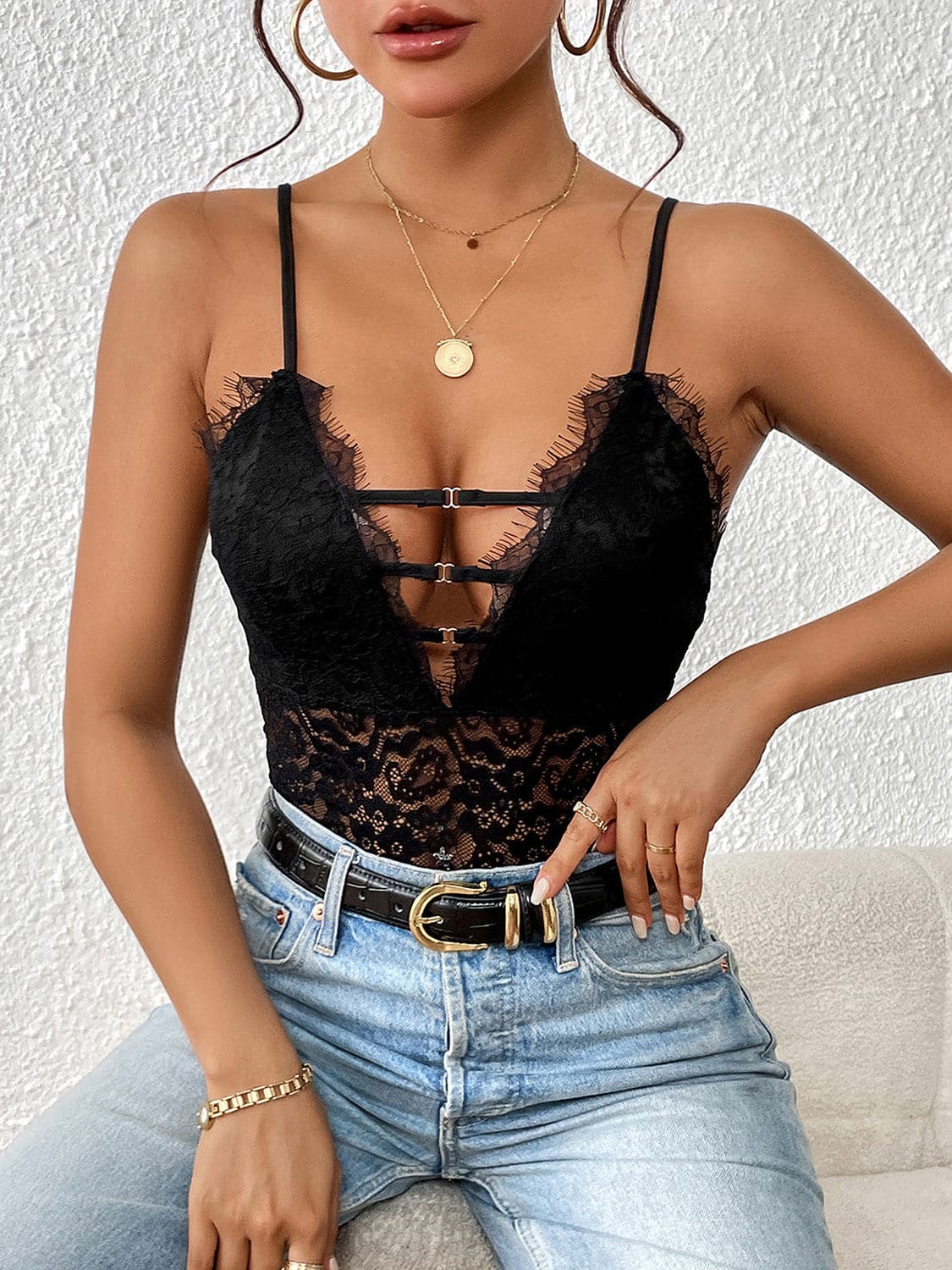 Lace Plunge Spaghetti Strap Bodysuit.