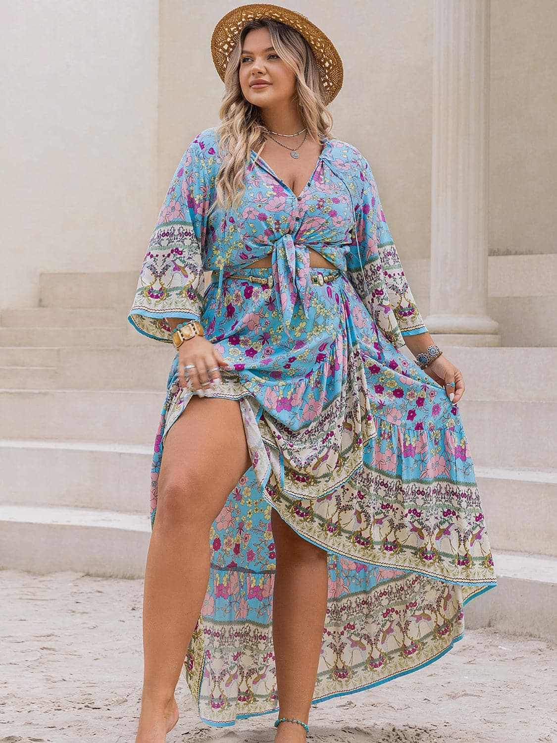 Plus Size Printed Tie Neck Top and Skirt Set.