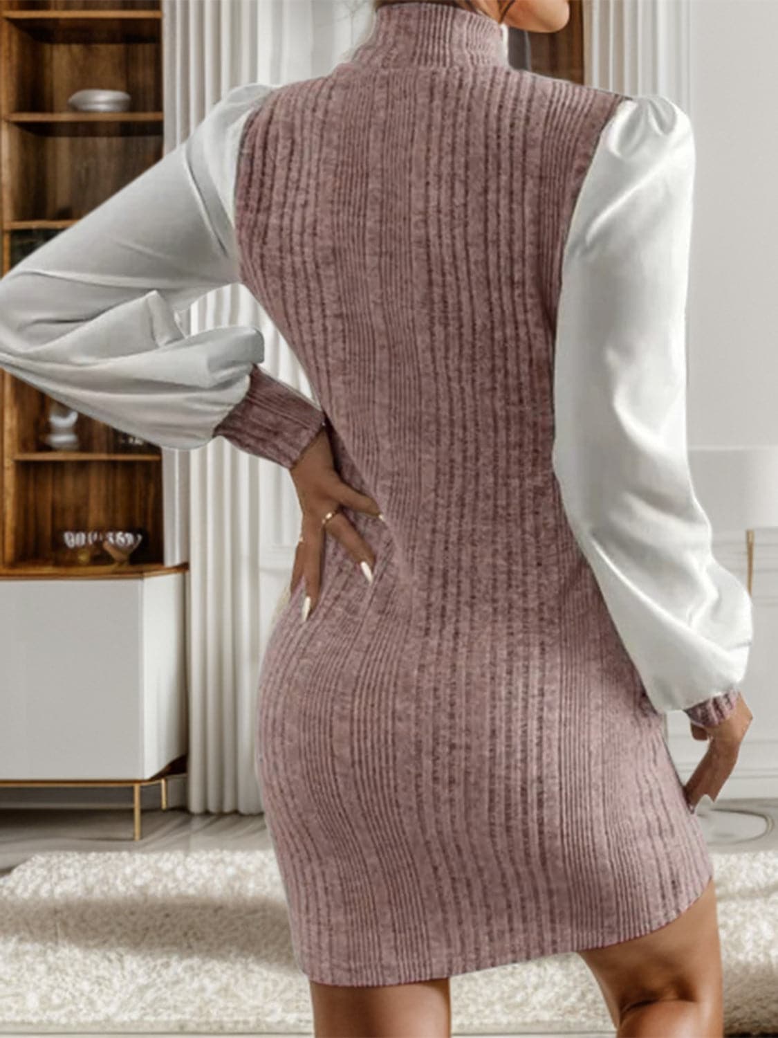 Ribbed Contrast Long Sleeve Sweater Dress.