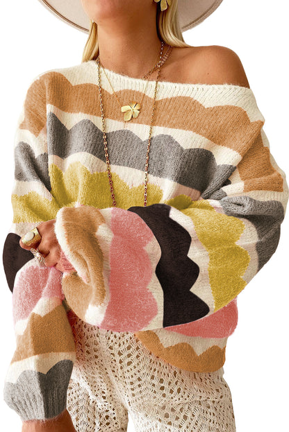 Chic yellow striped balloon sleeve sweater