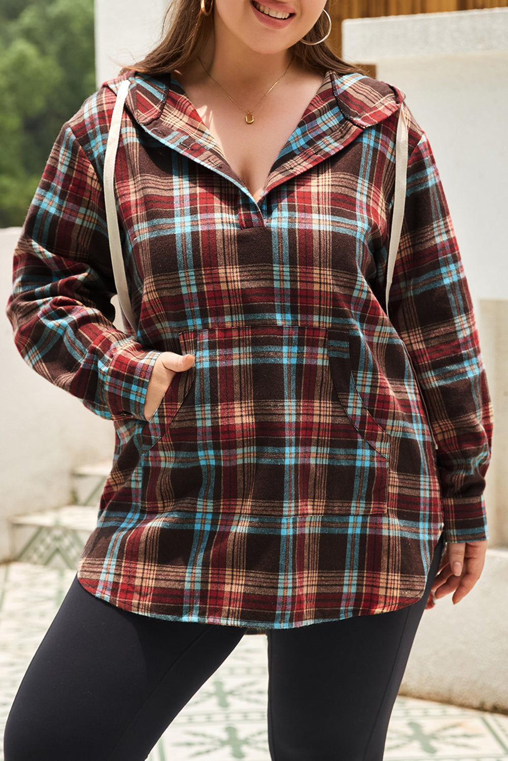 Chic fiery red plaid plus size hoodie with kangaroo pocket