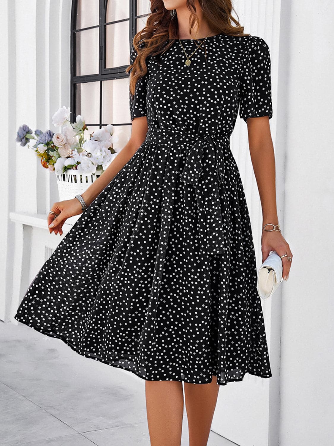 Printed Round Neck Short Sleeve Dress.