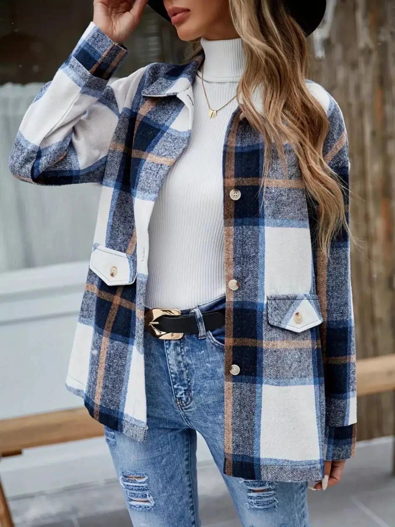 Plaid Button-Up Long Sleeve Shacket Simply Love