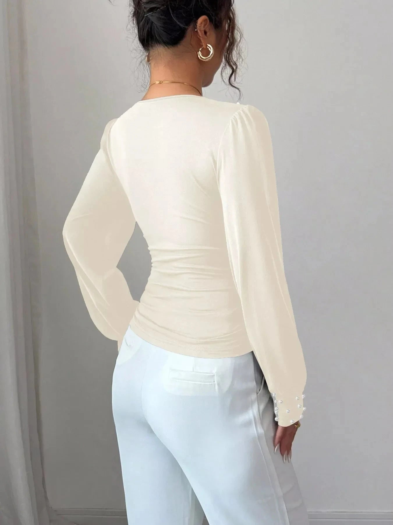 Burgundy Pearl Embellished Ruched V Neck Blouse With Long Sleeves Simply Love