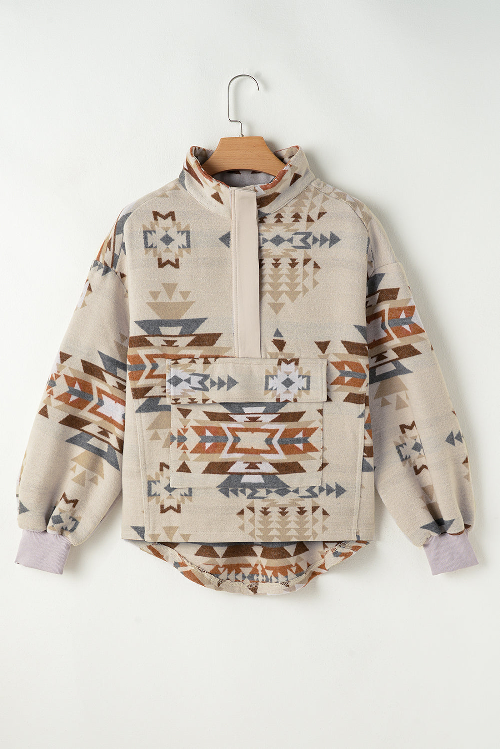 Chic apricot Aztec collared sweatshirt with flap pockets