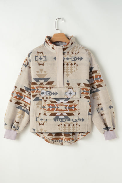 Chic apricot Aztec collared sweatshirt with flap pockets