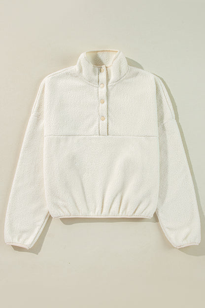 Cozy chic: White fleece placket collar sweatshirt with drop shoulders