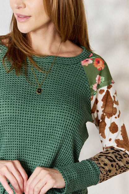 Hailey & Co Full Size Waffle-Knit Leopard Blouse.