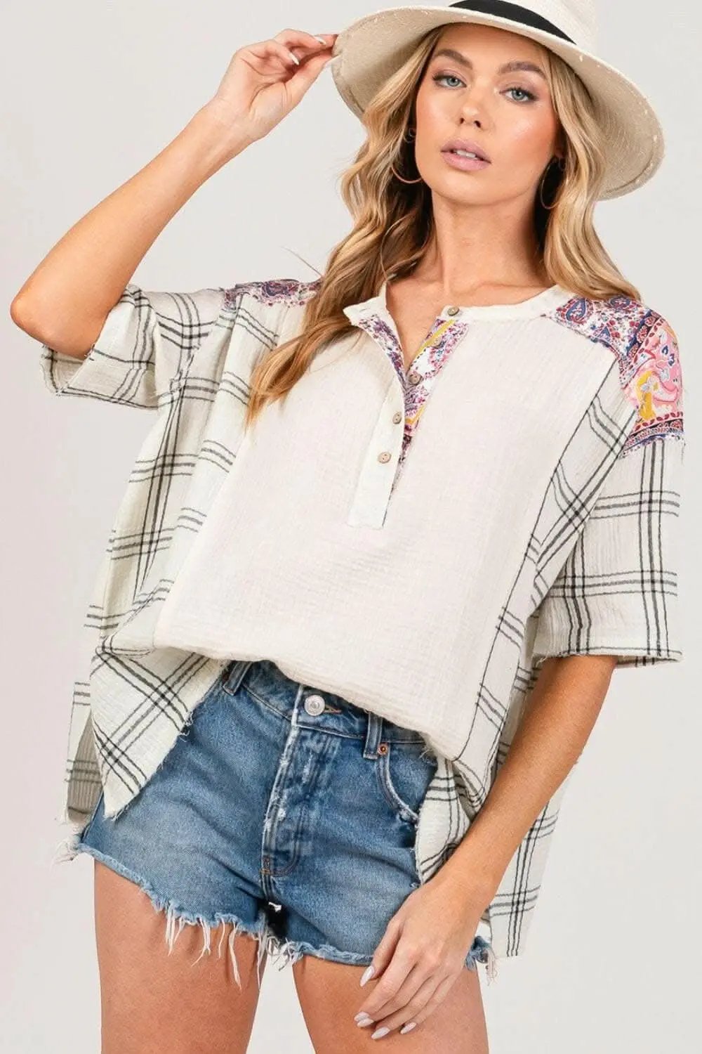 SAGE + FIG Plaid Half Button Gauze Top - Love Salve 