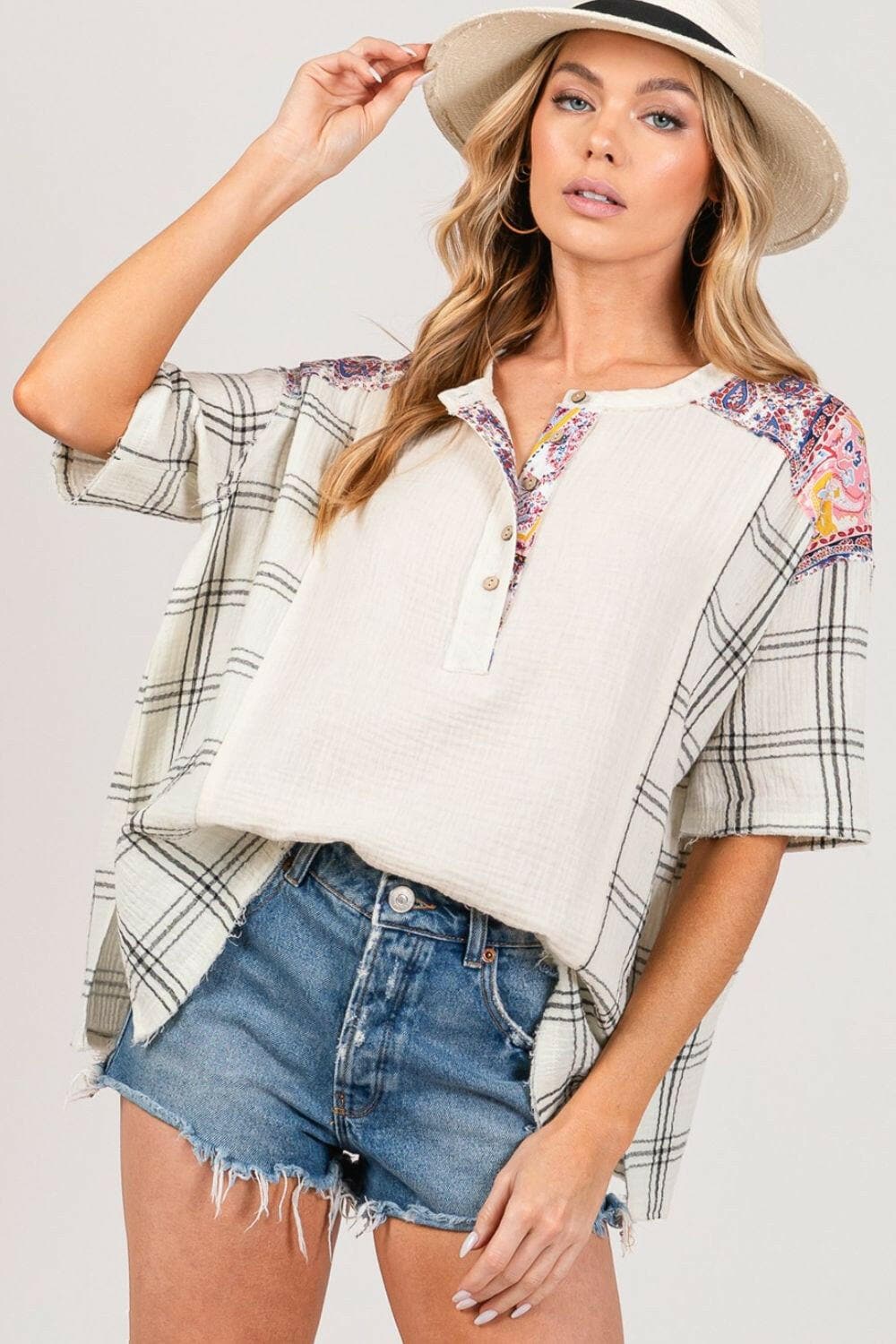 SAGE + FIG Plaid Half Button Gauze Top.