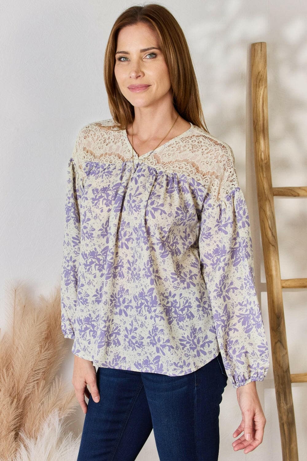 Hailey & Co Full Size Lace Detail Printed BlouseExperience Elegance and Style
 The Hailey &amp; Co Full Size Lace Detail Printed Blouse is the perfect combination of delicate lace accents and vibrant prints, makinLove Salve Full Size Lace Detail Printed BlouseBlouses