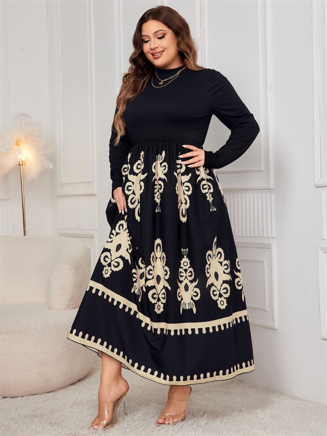 Plus Size Printed Mock Neck Long Sleeve Dress.