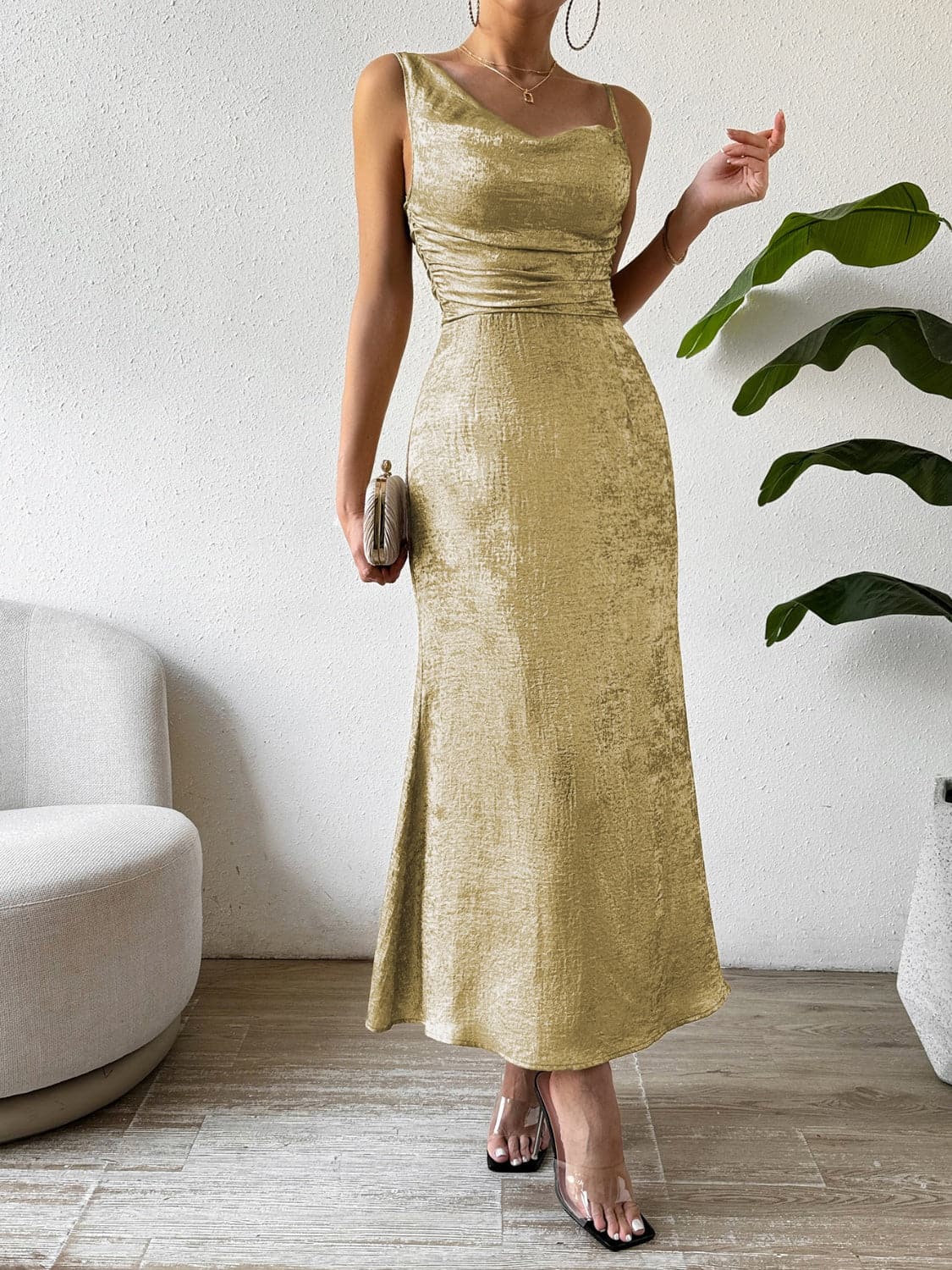 Asymmetric Neck Sleeveless Midi Dress.