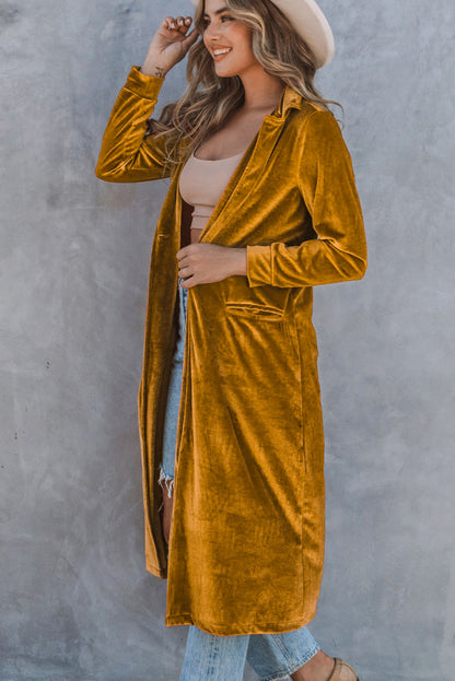 Chic yellow velvet long sleeve coat with practical pockets