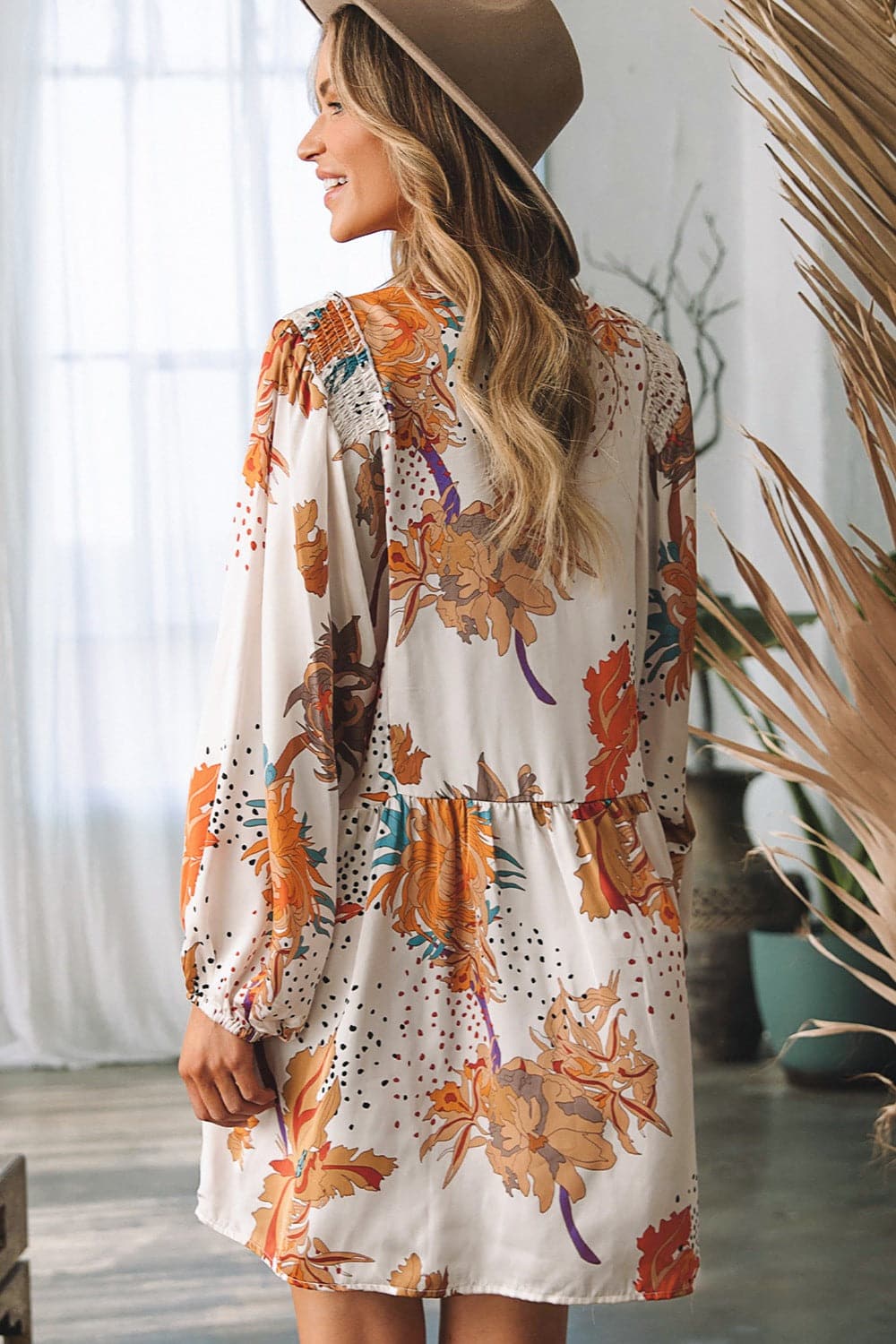 Printed V-Neck Balloon Sleeve Mini Dress.