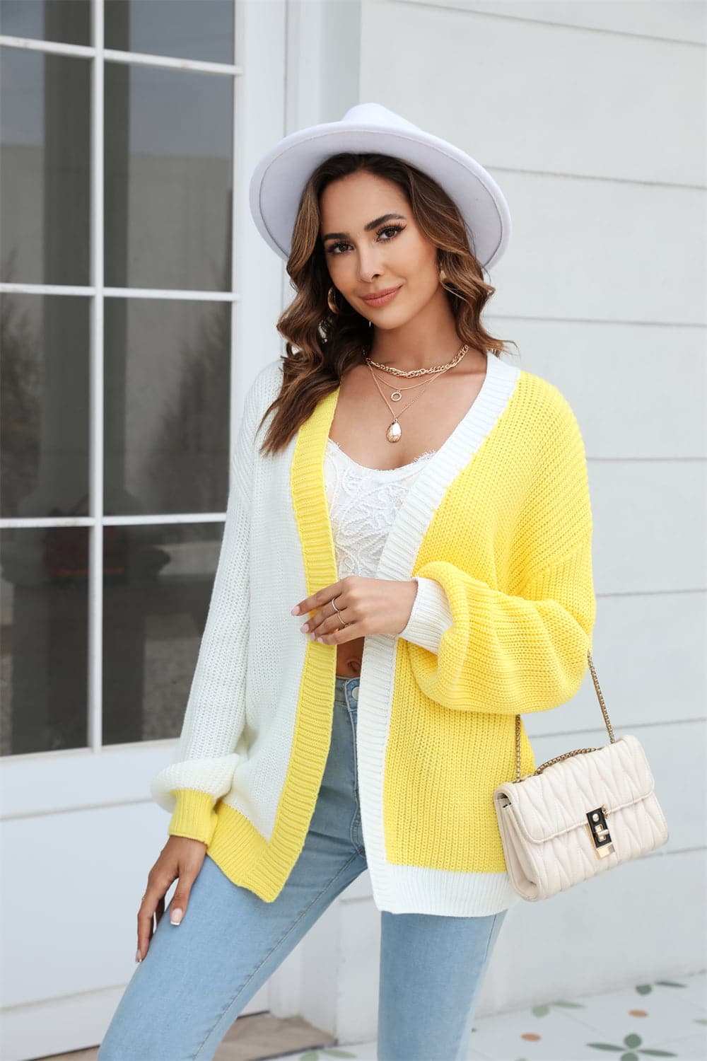 Open Front Contrast Color Balloon Sleeve Cardigan.