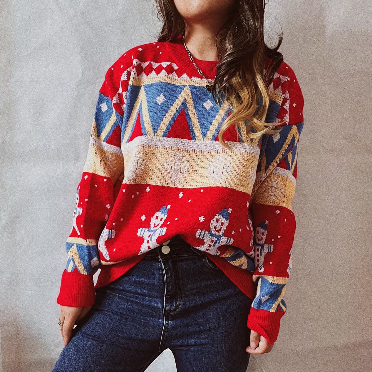 Printed Round Neck Long Sleeve Sweater.