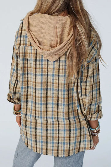 Drawstring Plaid Button Up Hooded Shacket.