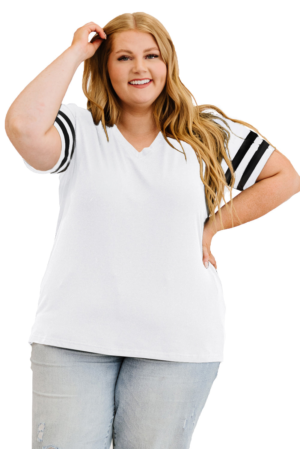 Chic white plus size v-neck t-shirt with stripe detailing