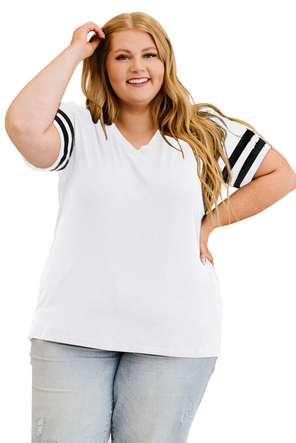 Chic white plus size v-neck t-shirt with stripe detailing