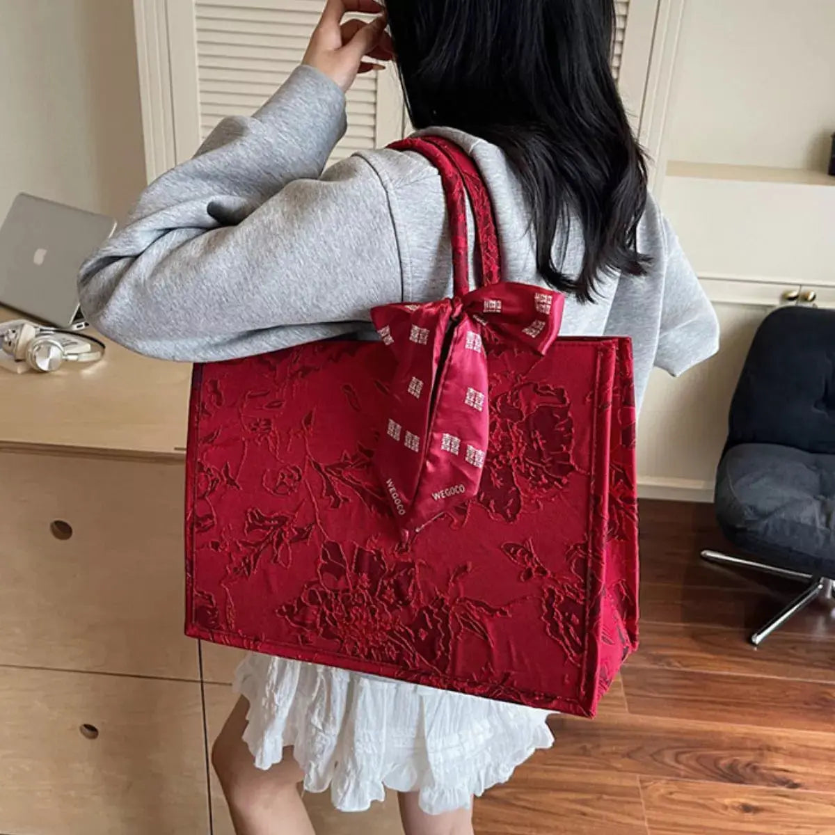 Floral Embossed Tote Handbag with Scarf Accent Simply Love