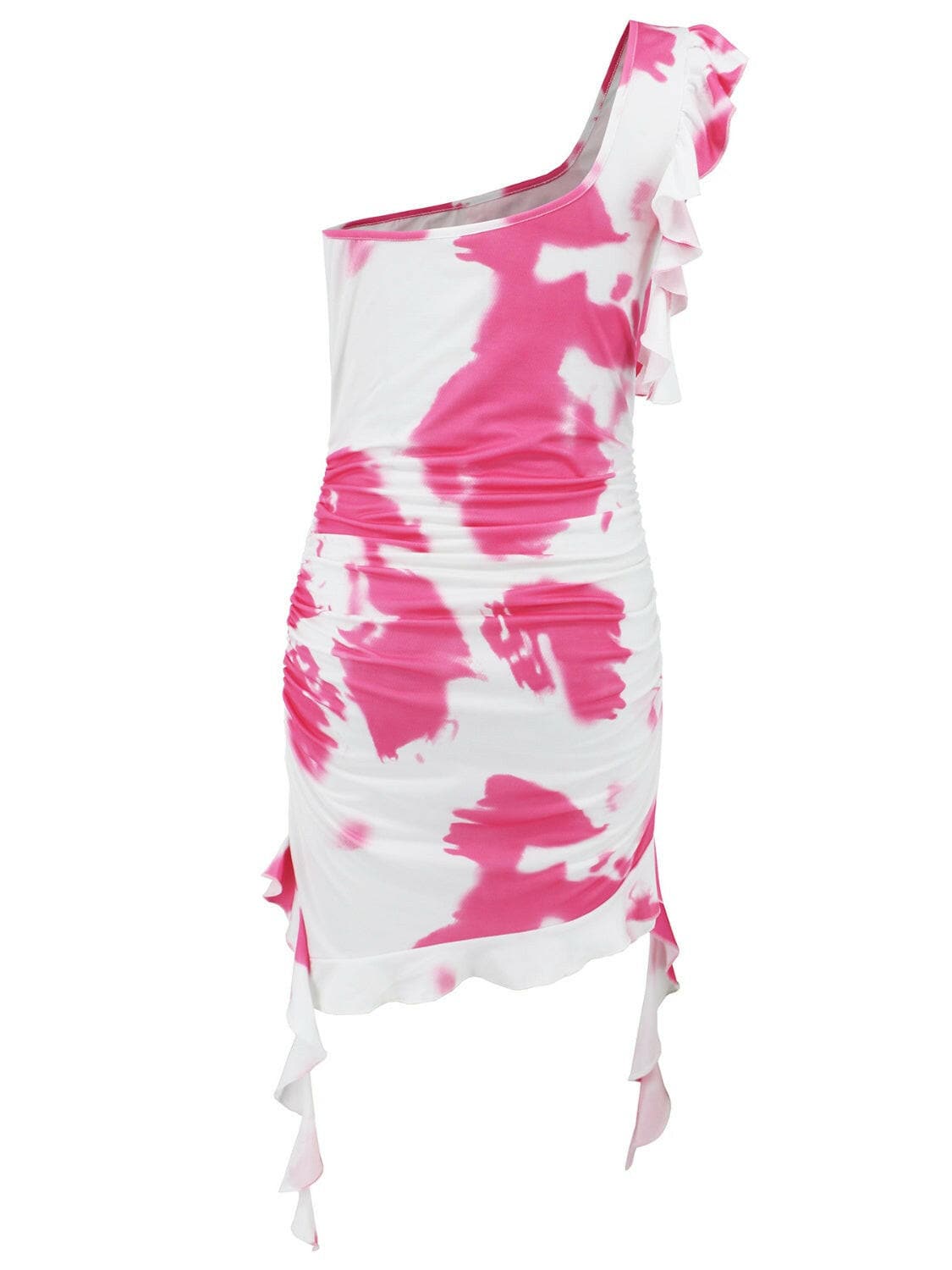 Ruffled Tie-Dye Single Shoulder Mini Dress.